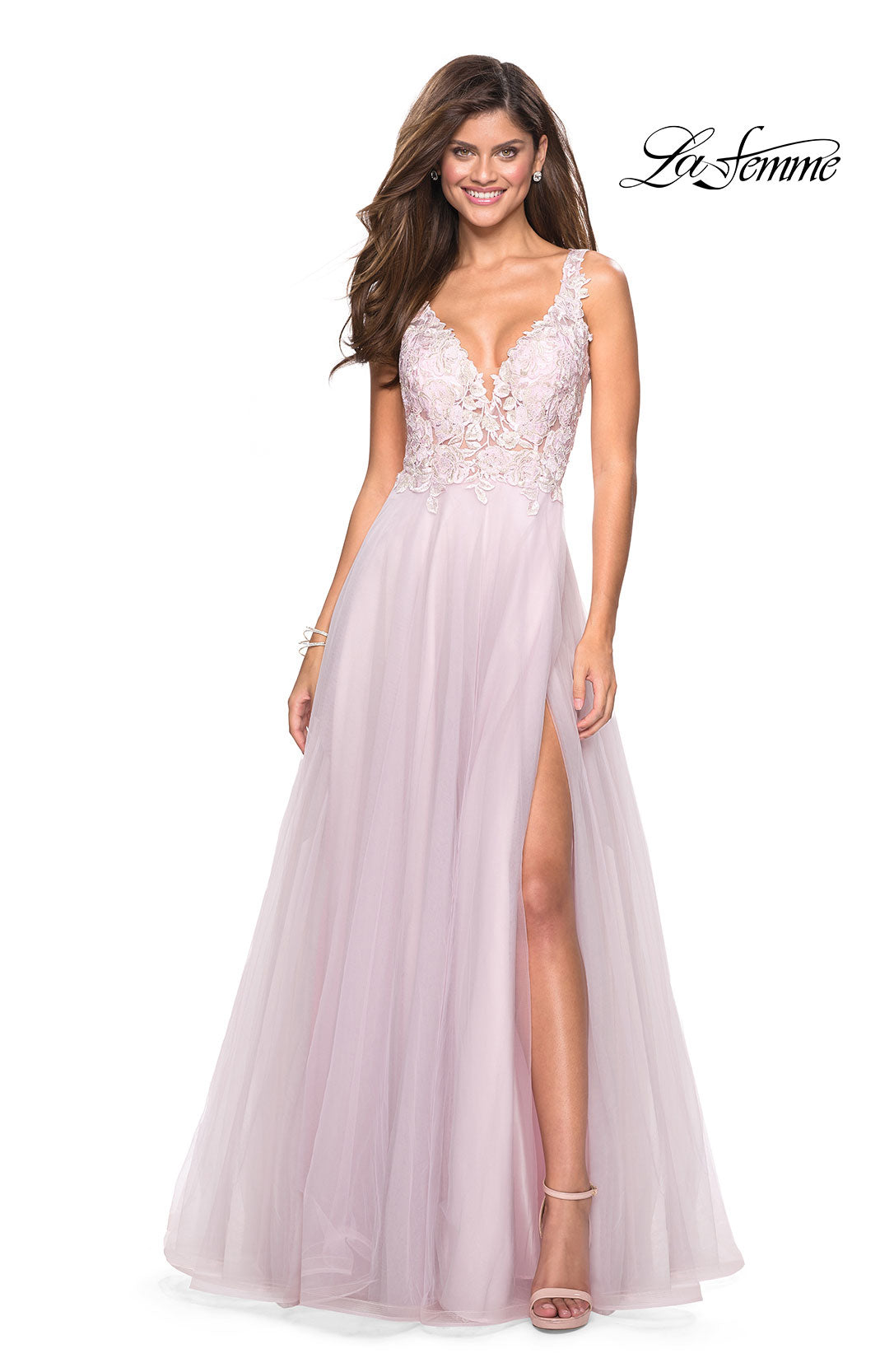 Picture of: Floor Length Tulle Gown with Plunging Lace Bodice in Light Pink, Style: 27621, Detail Picture 3