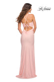 Picture of: Long Pastel Dress with Flattering Ruching and Slit in Light Pink, Detail Picture 3