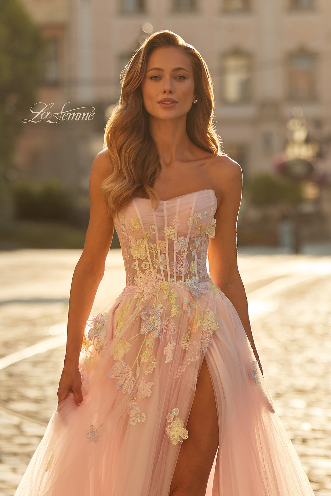 Picture of: Floral Corset Tulle Gown with High Slit and Lace-Up Back in Light Pink, Style: 33432, Detail Picture 3