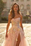 Picture of: Floral Corset Tulle Gown with High Slit and Lace-Up Back in Light Pink, Style: 33432, Detail Picture 3