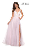 Picture of: Floor Length Tulle Gown with Plunging Lace Bodice in Light Pink, Style: 27621, Detail Picture 4