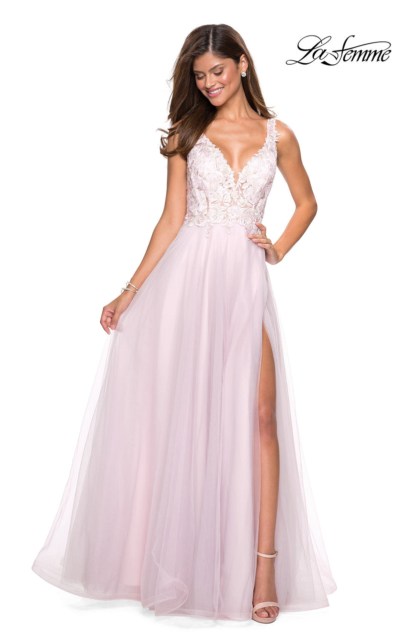 Picture of: Floor Length Tulle Gown with Plunging Lace Bodice in Light Pink, Style: 27621, Detail Picture 4