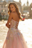 Picture of: Floral Corset Tulle Gown with High Slit and Lace-Up Back in Light Pink, Style: 33432, Detail Picture 4