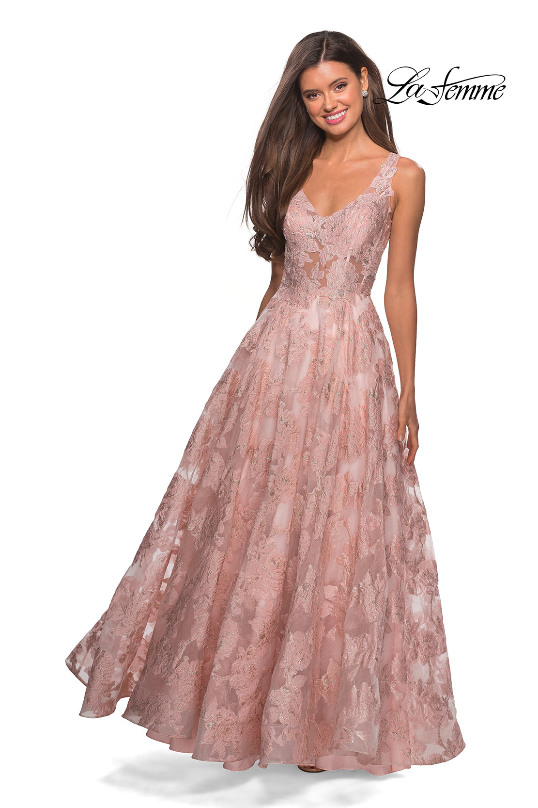 Picture of: Floral A Line Dress with Sheer Bodice and V Back in Light Pink, Style: 27505, Detail Picture 6