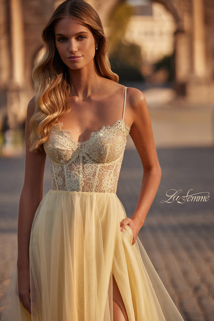 Picture of: Tulle Dress with Full Skirt and Sheer Lace Bodice in Pale Yellow, Style: 32306, Main Picture
