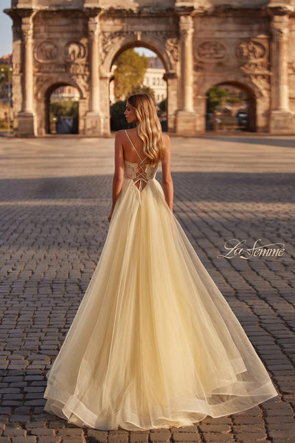 Picture of: Tulle Dress with Full Skirt and Sheer Lace Bodice in Pale Yellow, Style: 32306, Back Picture