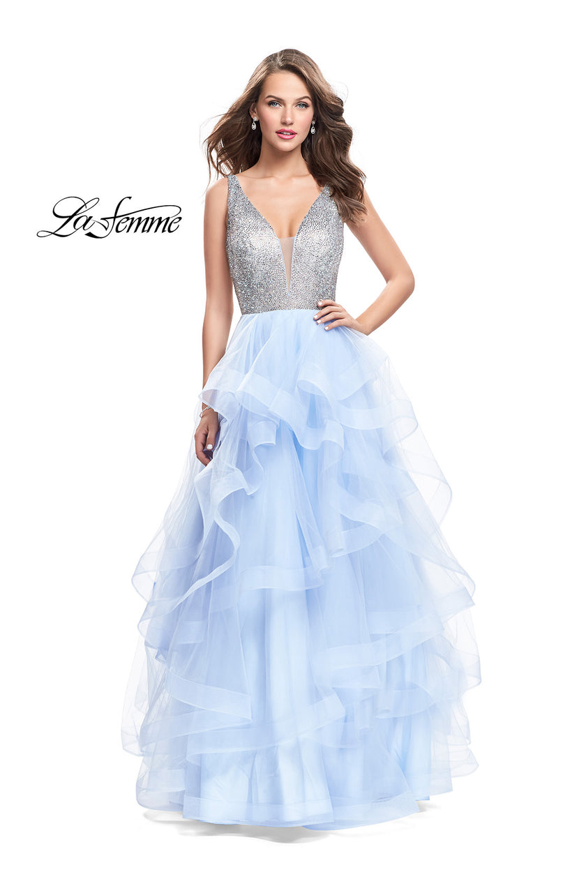 Picture of: Beaded Bodice Ball Gown with Tulle Skirt in Light Blue, Style: 26223, Detail Picture 1