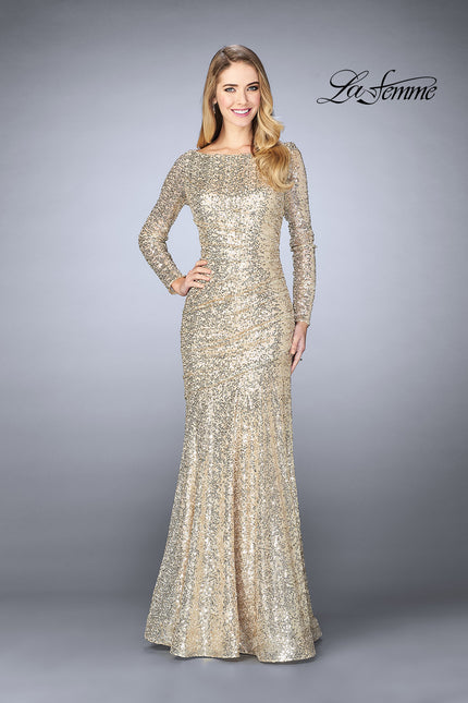 Picture of: Gathered Sequin Prom Gown With Long Sleeves in Light Gold, Style: 24919, Detail Picture 2