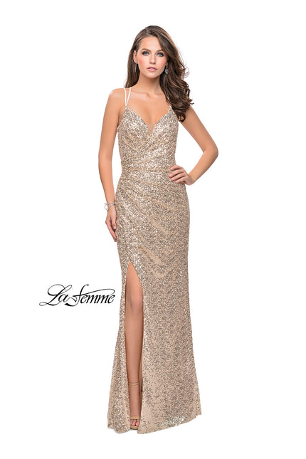 Picture of: Long Sequin Prom Dress with Side Ruching in Light Gold, Style: 25492, Detail Picture 2