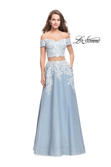 Picture of: Denim Off the Shoulder Two Piece Dress with Applique in Light Wash, Style: 25655, Main Picture