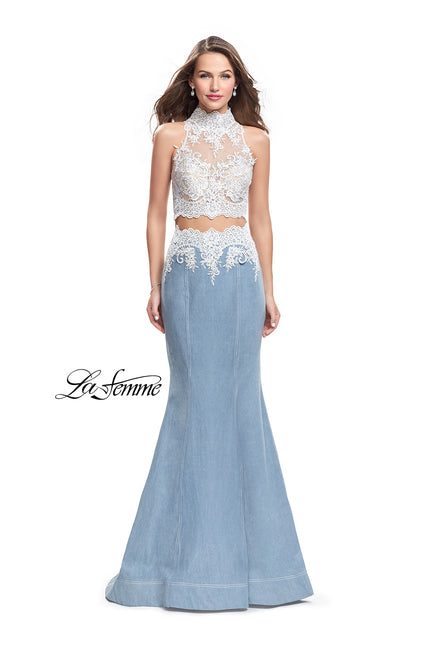 Picture of: Two Piece Long Prom Dress with Beads and Lace in Light Wash, Style: 25805, Main Picture