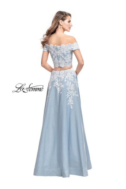 Picture of: Denim Off the Shoulder Two Piece Dress with Applique in Light Wash, Style: 25655, Back Picture