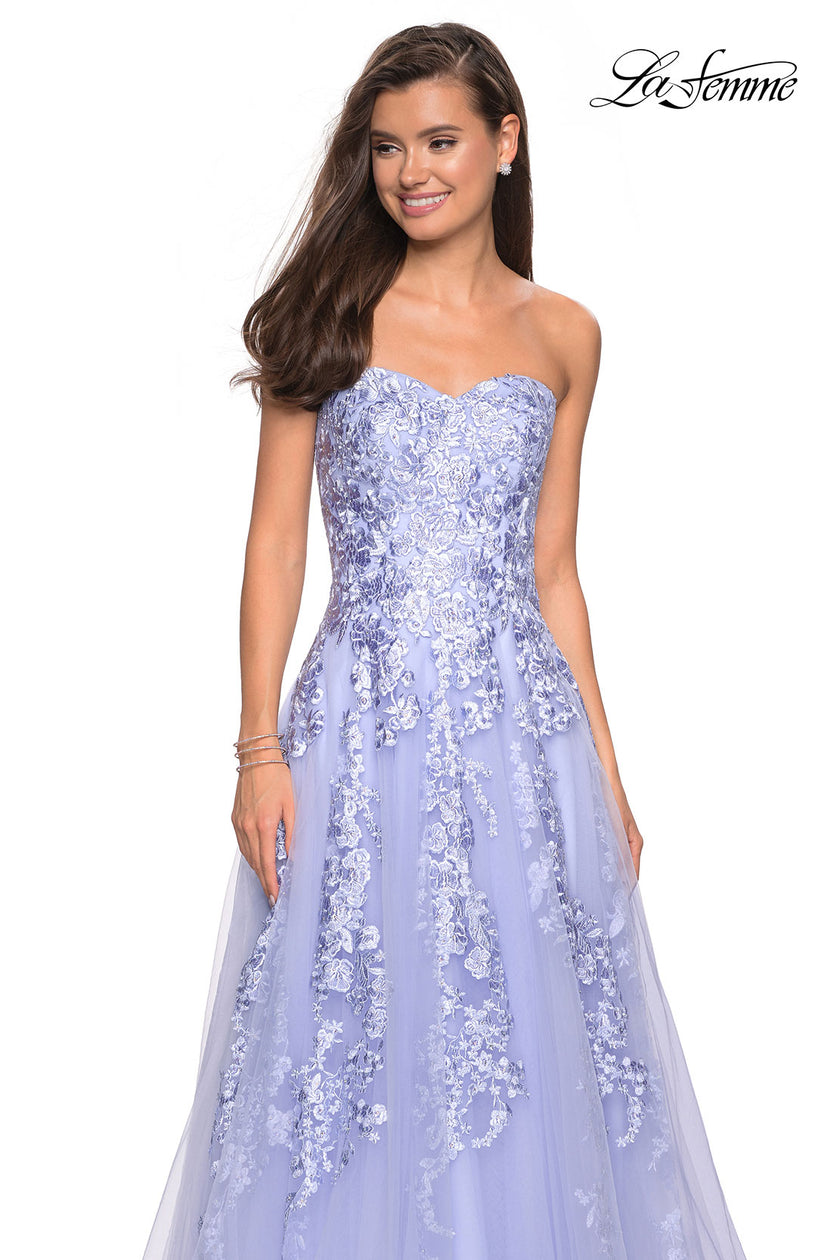 Picture of: Strapless Tulle Prom Dress with Lace Appliques in Lilac Mist, Style: 27269, Detail Picture 9