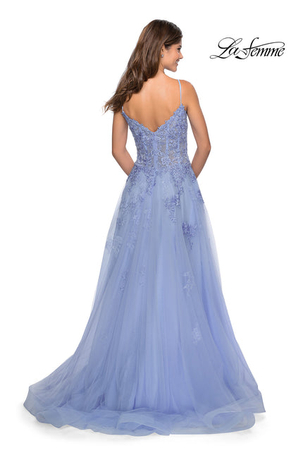 Picture of: Floral Lace Tulle A-line Gown with Side Leg Slit in Lilac Mist, Style: 28952, Back Picture