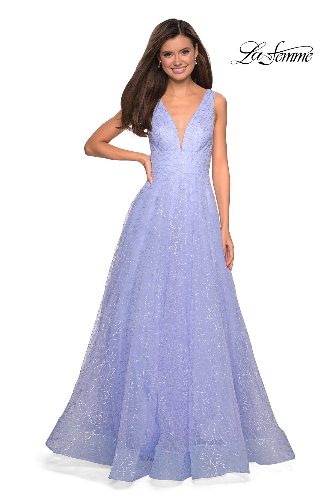 Picture of: Sequin Print Ball Gown with Deep V and Pockets in Lilac Mist, Style: 27323, Detail Picture 1