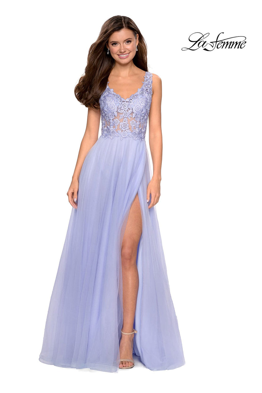 Picture of: Long Tulle Gown with Embellished Sheer Bodice in Lilac Mist, Style: 27574, Detail Picture 1