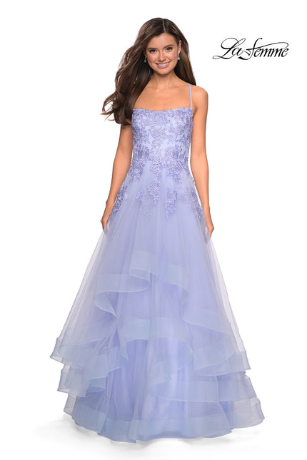 Picture of: Layered Tulle Dress with Lace Detail and Strappy Back in Lilac Mist, Style: 27694, Detail Picture 1