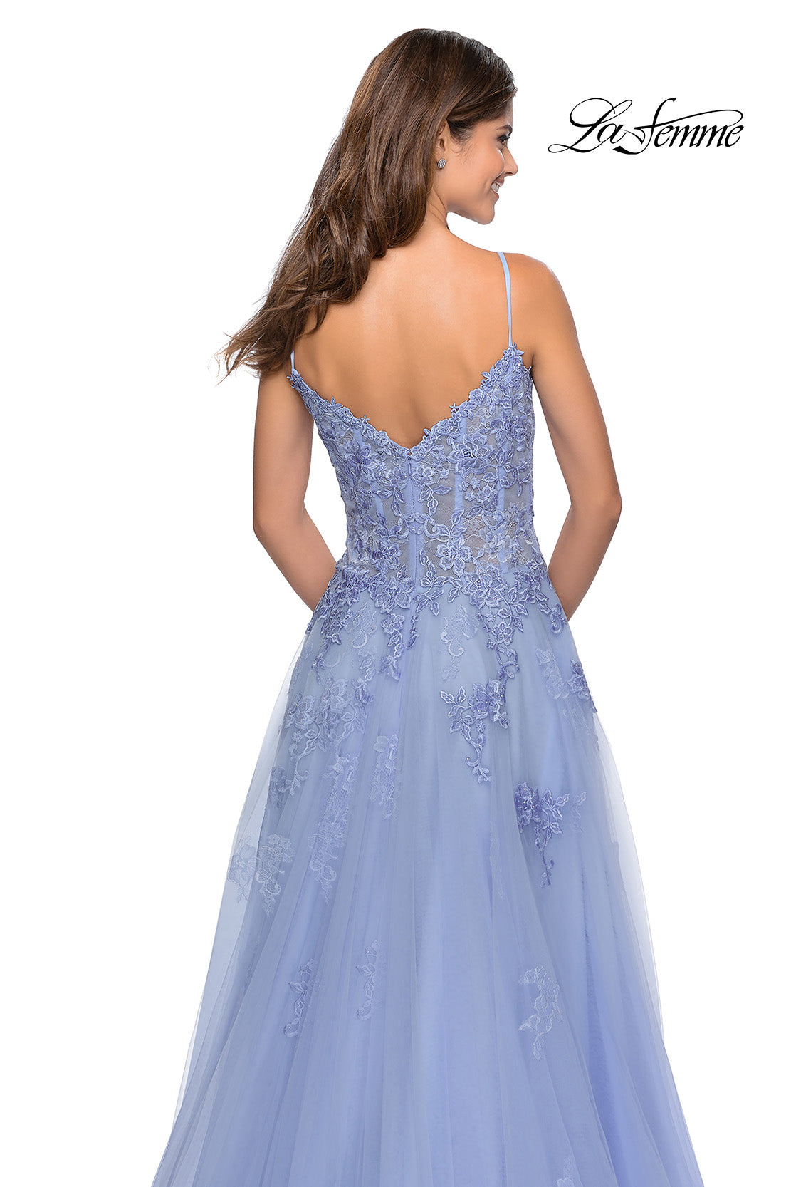Picture of: Floral Lace Tulle A-line Gown with Side Leg Slit in Lilac Mist, Style: 28952, Detail Picture 2