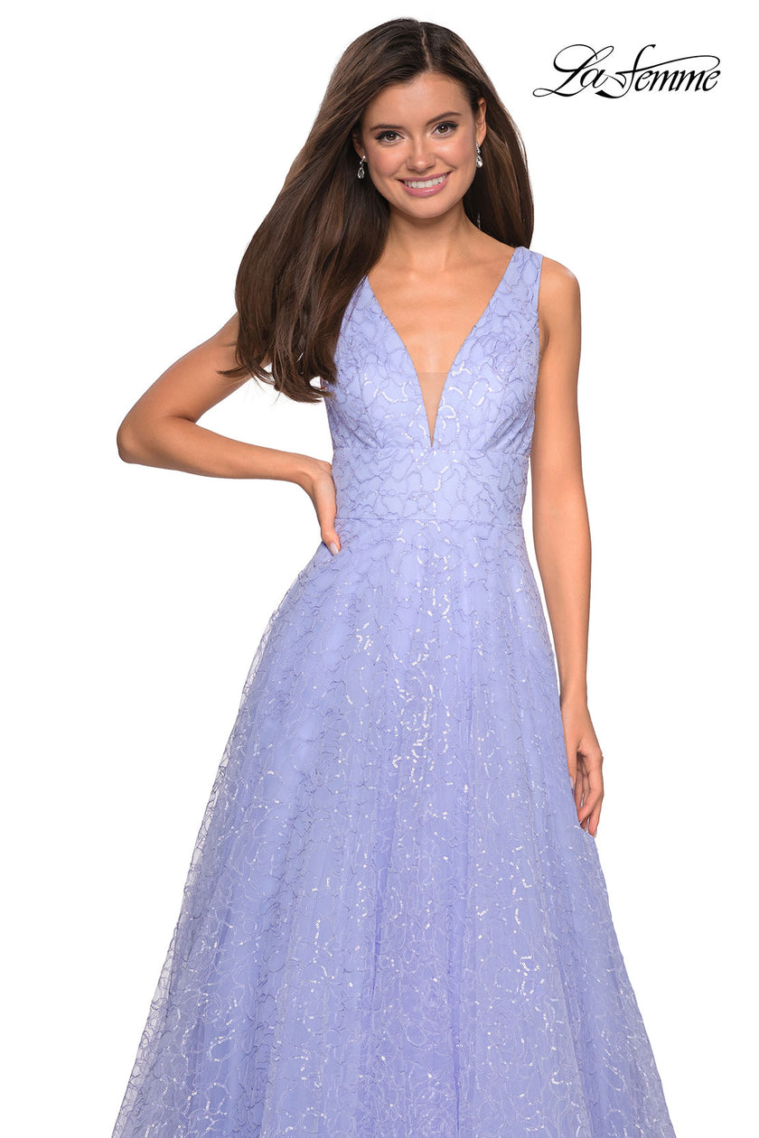 Picture of: Sequin Print Ball Gown with Deep V and Pockets in Lilac Mist, Style: 27323, Detail Picture 3