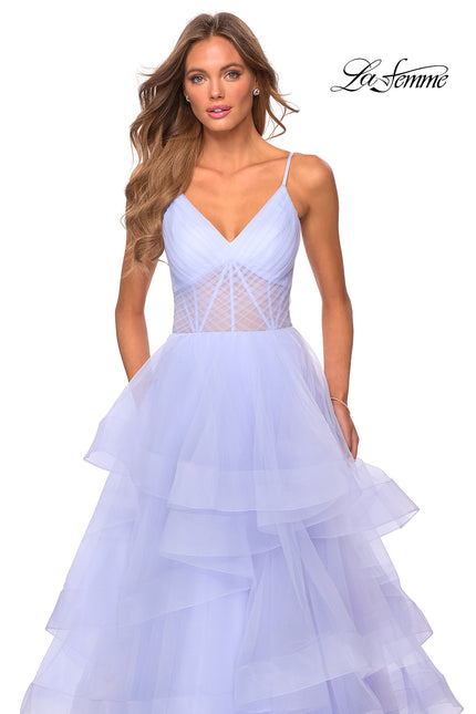 Picture of: Tiered Tulle Ball Gown with Sheer Bodice in Lilac Mist, Style: 28641, Detail Picture 3