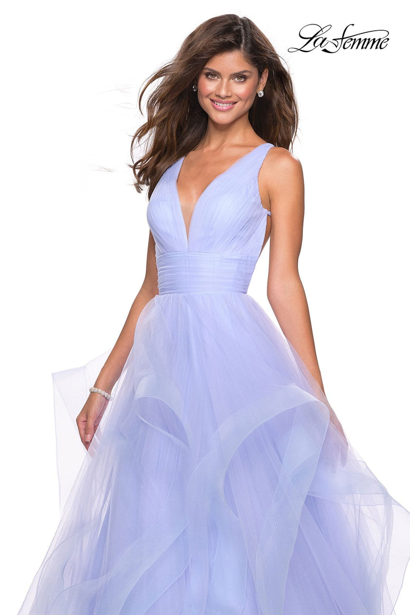 Picture of: Long Tulle Evening Gown with Plunging Neckline in Lilac Mist, Style: 27628, Detail Picture 4