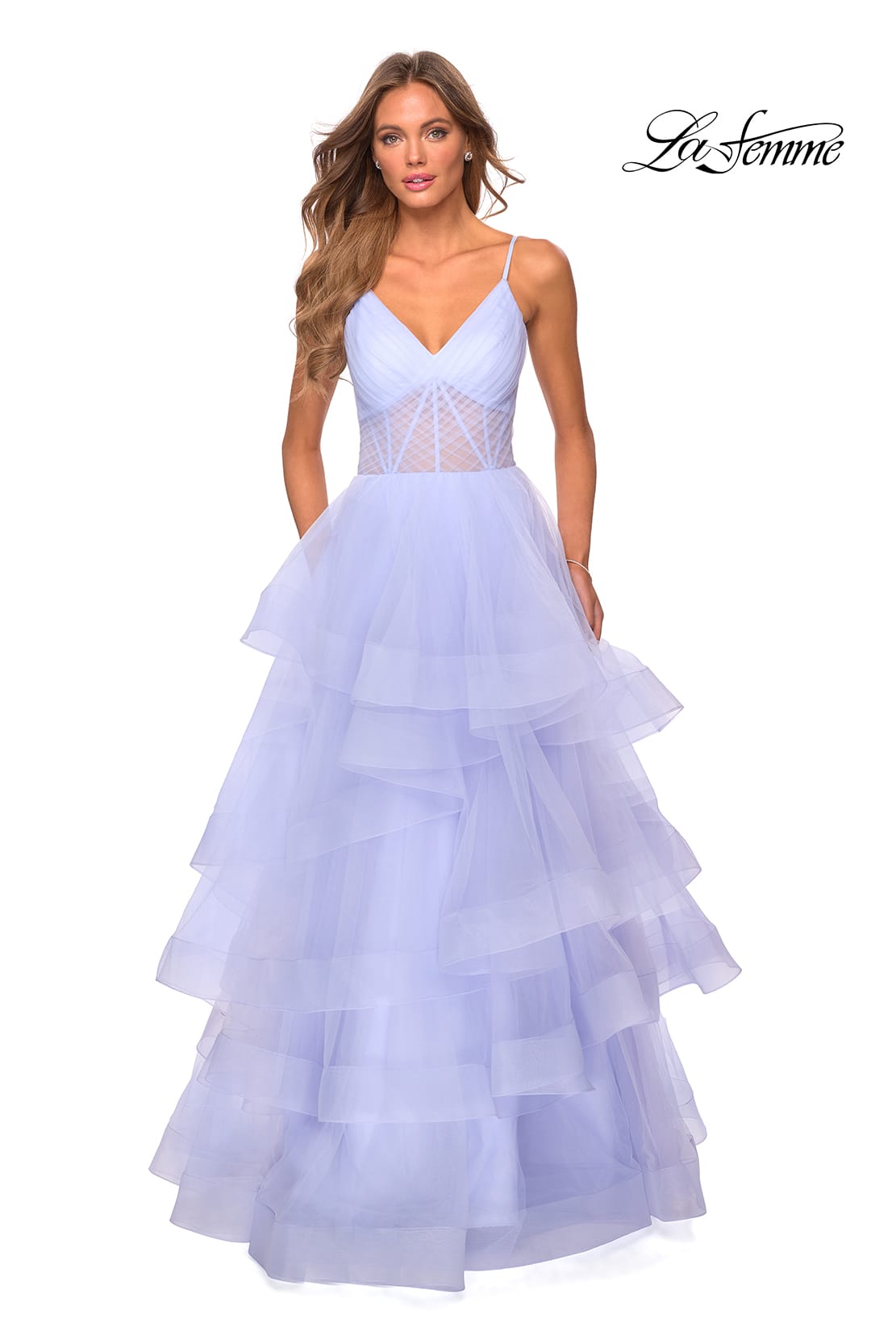Picture of: Tiered Tulle Ball Gown with Sheer Bodice in Lilac Mist, Style: 28641, Detail Picture 4