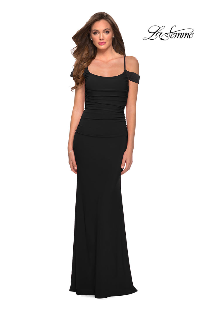 Picture of: Jersey Long Dress with Ruching and Open Back in Black, Style 29358, Detail Picture 1