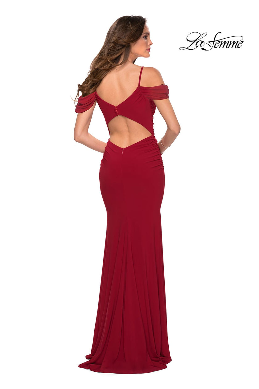 Picture of: Jersey Long Dress with Ruching and Open Back in Red, Style 29358, Back Picture