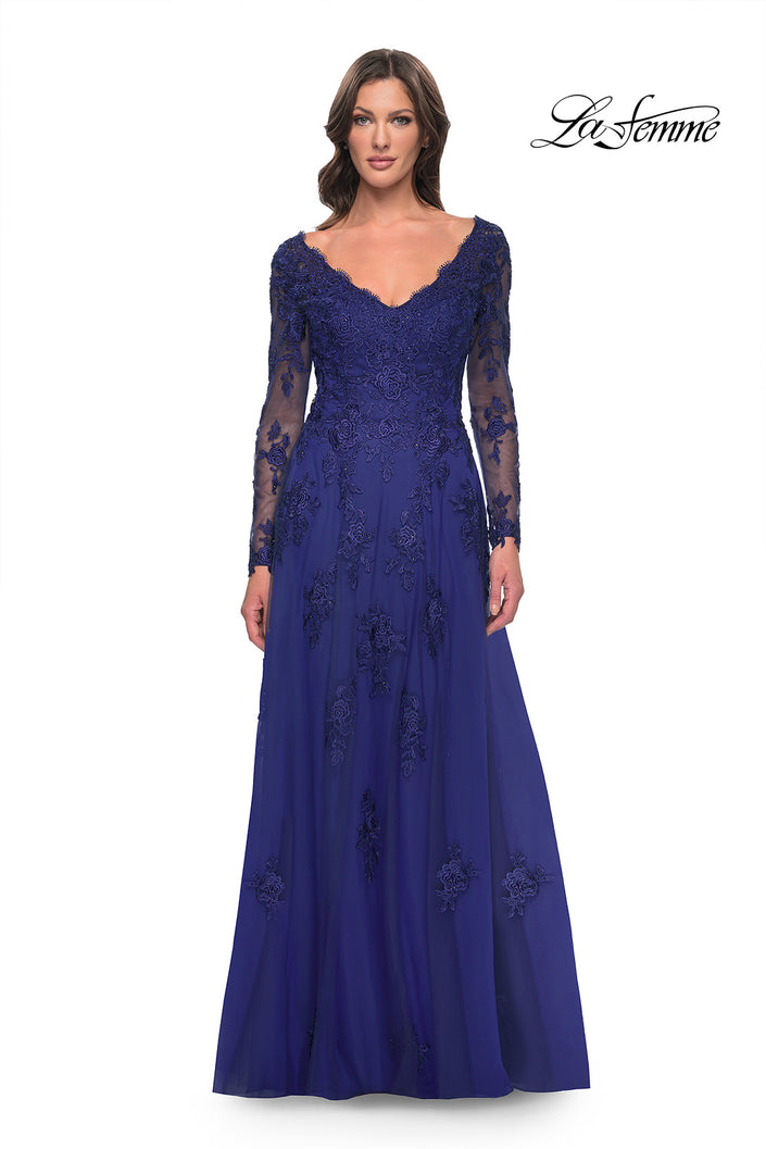 Picture of: Long Sleeve Lace and Tulle Dress with V Neckline in Marine Blue, Style: 30795, Main Picture