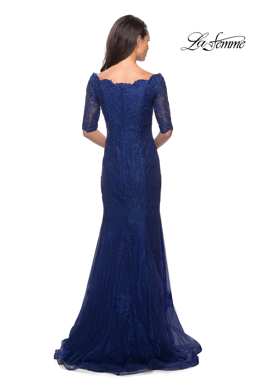 Picture of: Floor Length Lace Dress with Rhinestone Accents in Marine Blue, Style: 26943, Back Picture