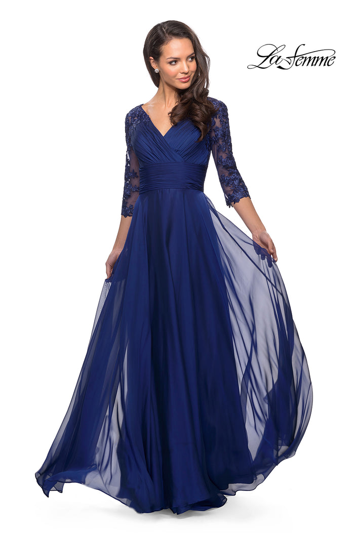 Picture of: Floor Length Chiffon Dress with Lace Sleeves in Marine Blue, Style: 27153, Detail Picture 4