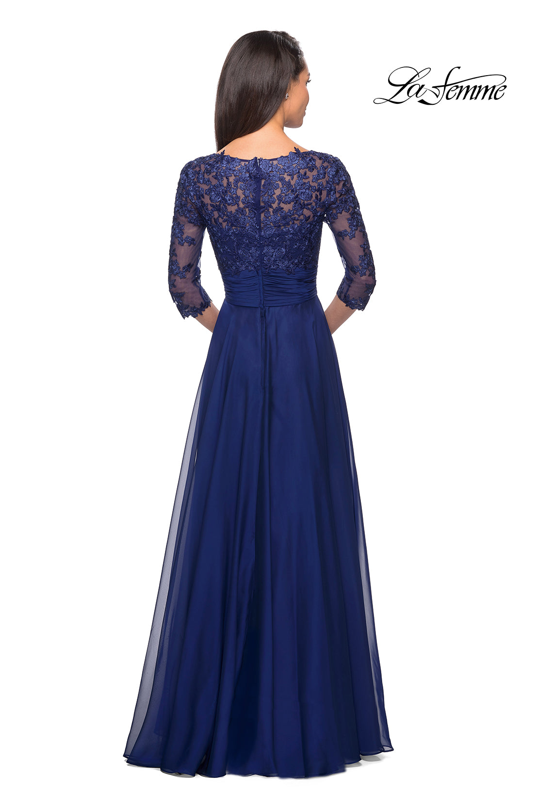 Picture of: Floor Length Chiffon Dress with Lace Sleeves in Marine Blue, Style: 27153, Detail Picture 5
