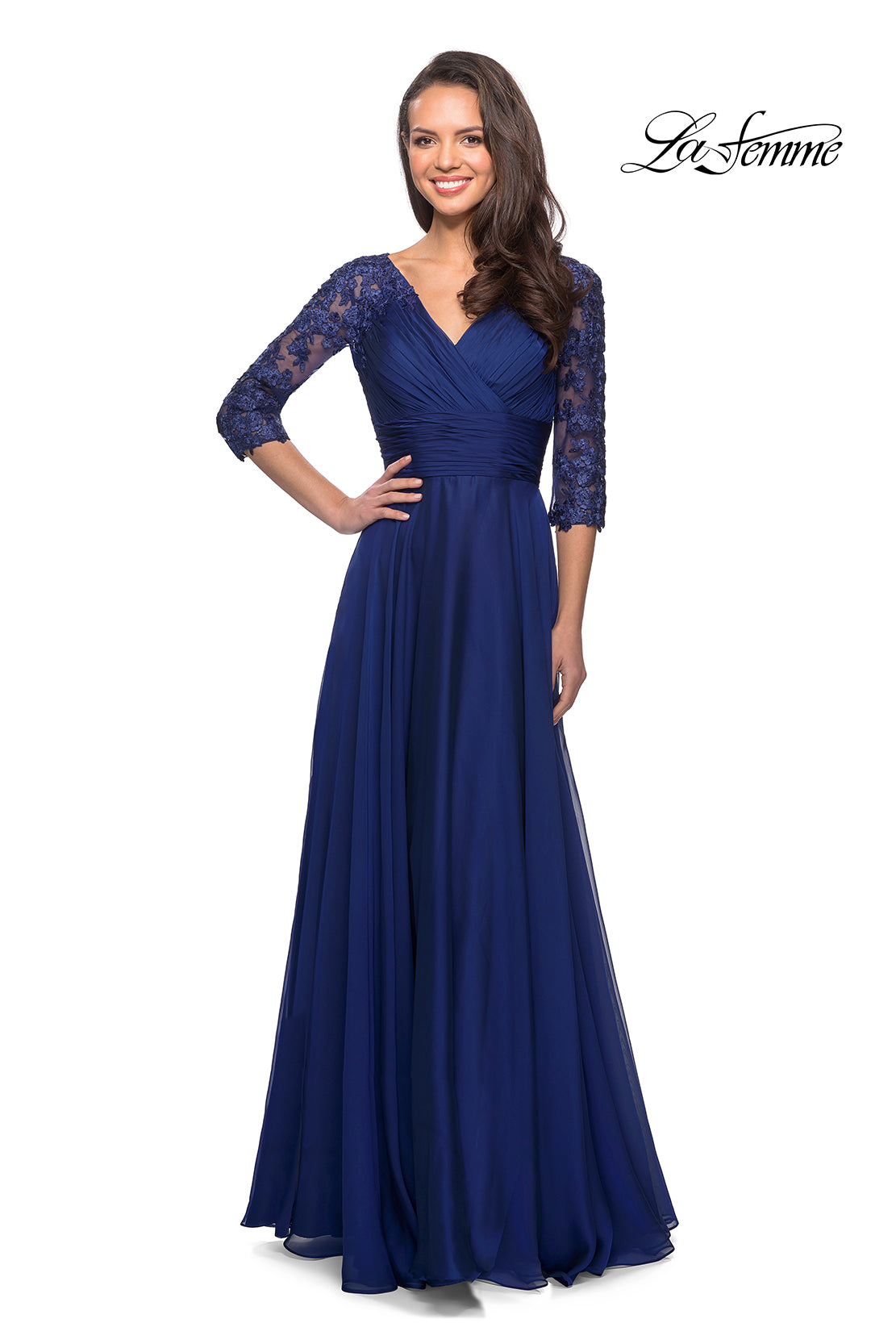 Picture of: Floor Length Chiffon Dress with Lace Sleeves in Marine Blue, Style: 27153, Detail Picture 6