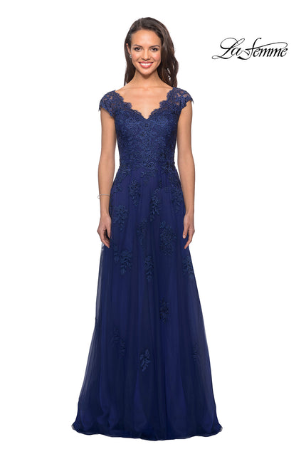 Picture of: Short Sleeve Lace Gown with Cascading Embellishments, Style: 26942, Detail Picture 7