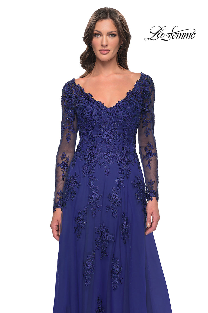 Picture of: Long Sleeve Lace and Tulle Dress with V Neckline in Marine Blue, Style: 30795, Detail Picture 7