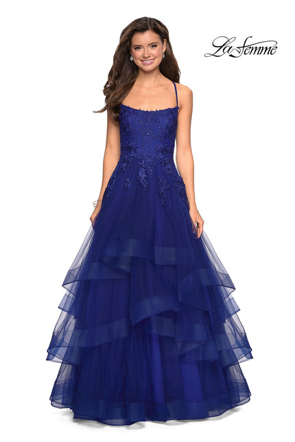Picture of: Layered Tulle Dress with Lace Detail and Strappy Back in Marine Blue, Style: 27694, Main Picture