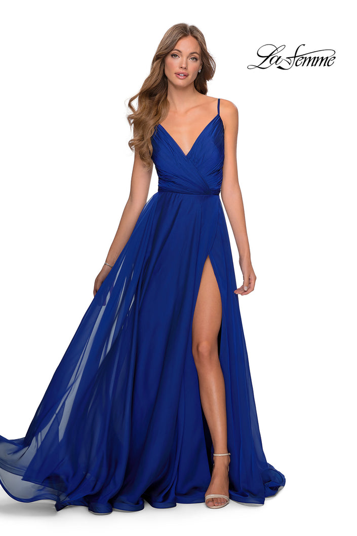 Picture of: Chiffon Prom Dress with Pleated Bodice and Pockets in Marine Blue, Style: 28611, Main Picture