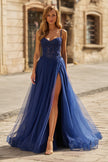 Picture of: Lace Corset Tulle Gown with High Slit and A-Line Skirt in Marine Blue, Style: 33436, Main Picture