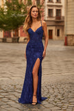 Picture of: Lace Embellished Gown with Spaghetti Straps and High Slit in Marine Blue, Style: 33473, Main Picture