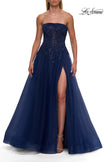 Picture of: Strapless A-Line Gown with Embroidered Corset and Slit in Marine Blue, Style: 33528, Detail Picture 8