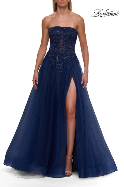 Picture of: Strapless A-Line Gown with Embroidered Corset and Slit in Marine Blue, Style: 33528, Detail Picture 8