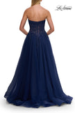 Picture of: Strapless A-Line Gown with Embroidered Corset and Slit in Marine Blue, Style: 33528, Detail Picture 9