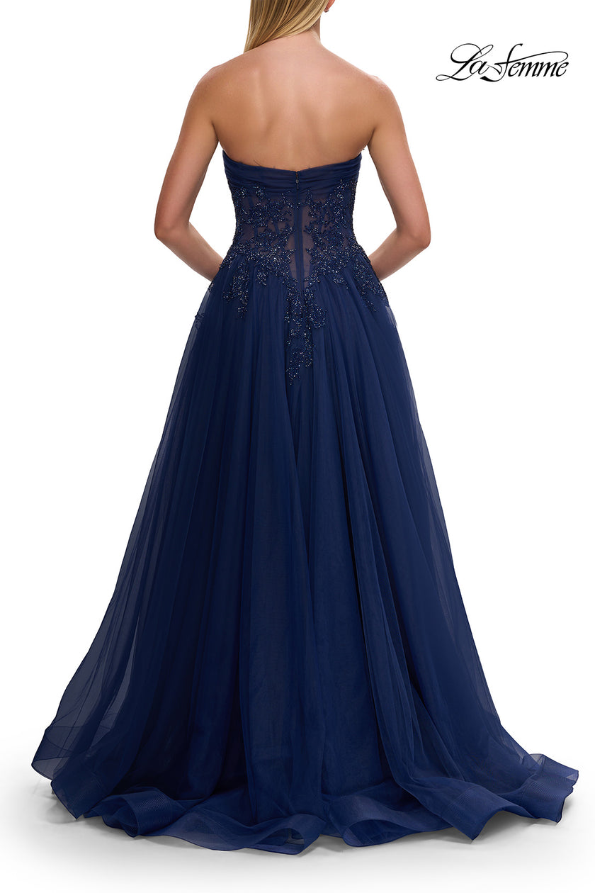 Picture of: Strapless A-Line Gown with Embroidered Corset and Slit in Marine Blue, Style: 33528, Detail Picture 9