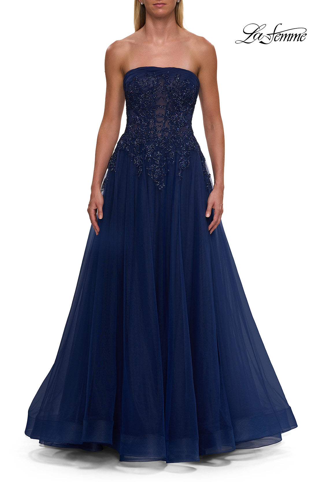 Picture of: Strapless A-Line Gown with Embroidered Corset and Slit in Marine Blue, Style: 33528, Detail Picture 10
