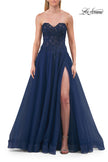 Picture of: Illusion Embroidered Lace Tulle Gown with Slit in Marine Blue, Style: 33551, Detail Picture 10