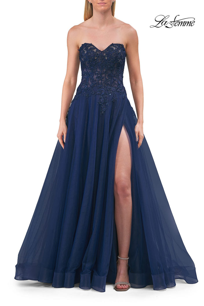 Picture of: Illusion Embroidered Lace Tulle Gown with Slit in Marine Blue, Style: 33551, Detail Picture 10