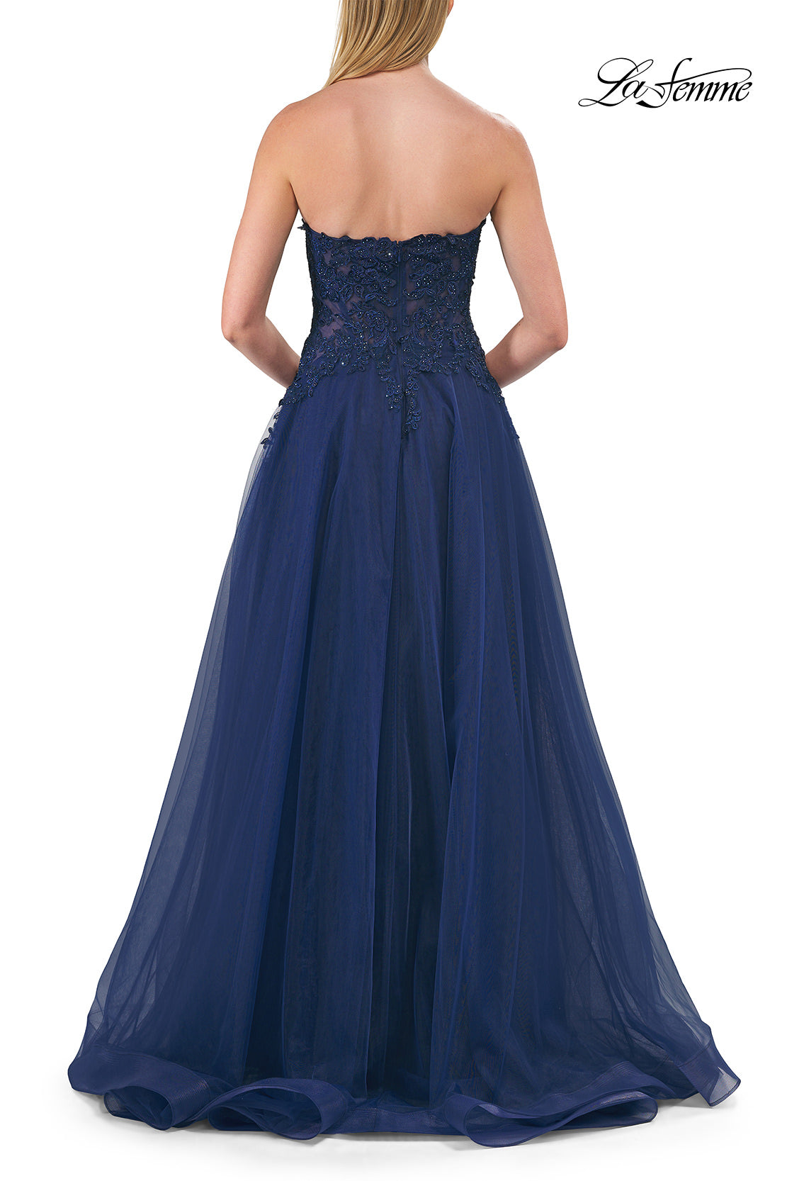 Picture of: Illusion Embroidered Lace Tulle Gown with Slit in Marine Blue, Style: 33551, Detail Picture 11
