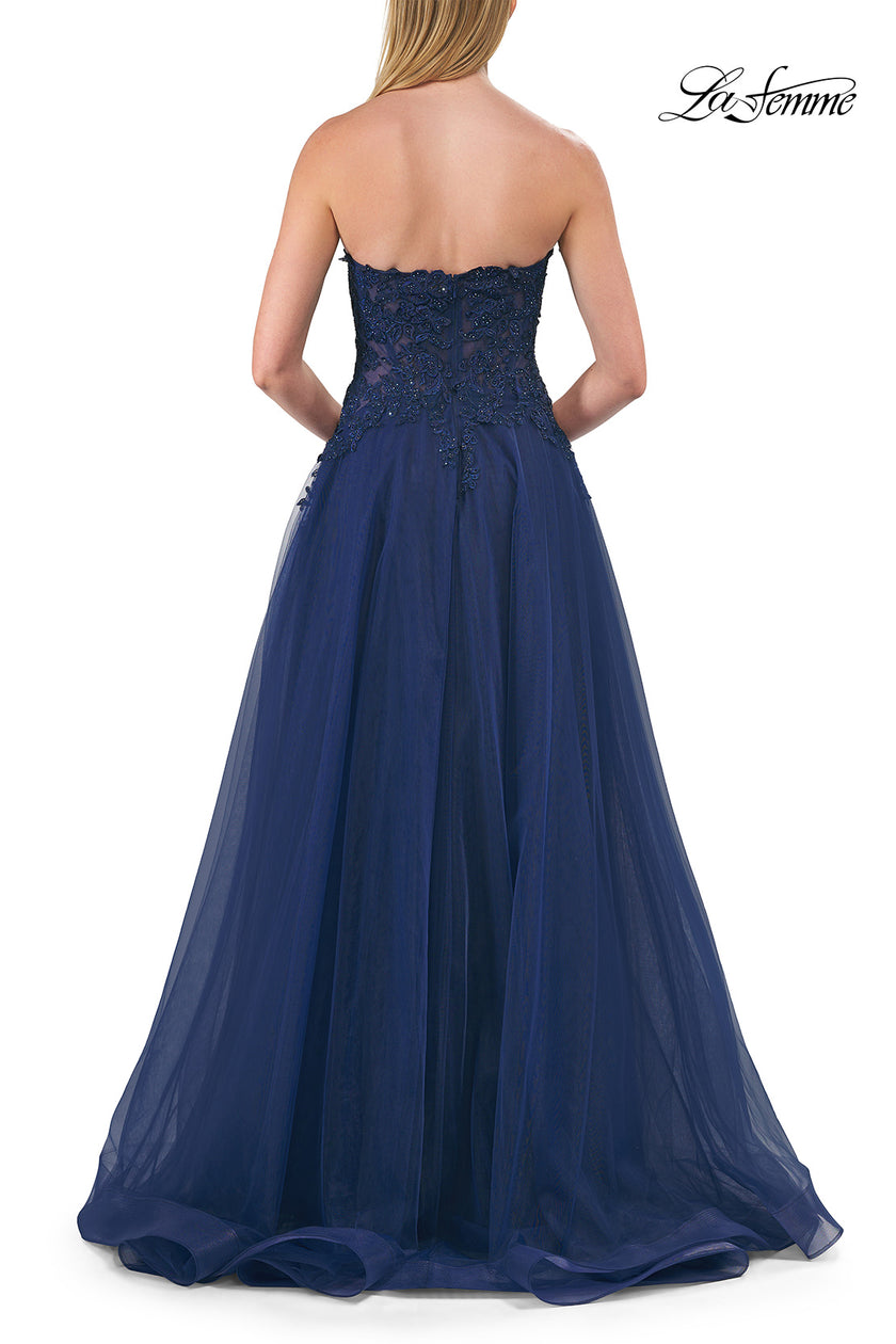 Picture of: Illusion Embroidered Lace Tulle Gown with Slit in Marine Blue, Style: 33551, Detail Picture 11