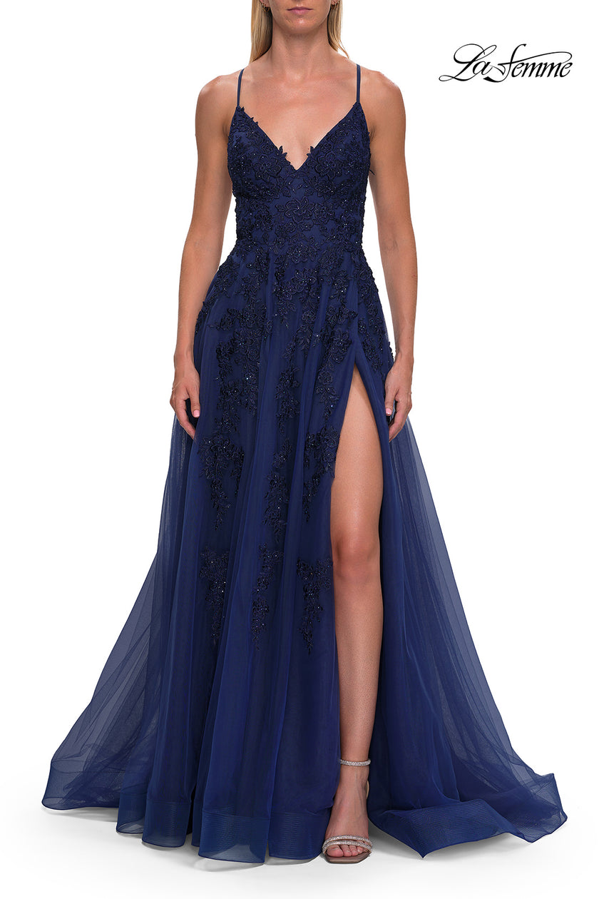 Picture of: Beaded A-Line Tulle Gown with Slit and Open Tie Back in Marine Blue, Style: 33715, Detail Picture 11