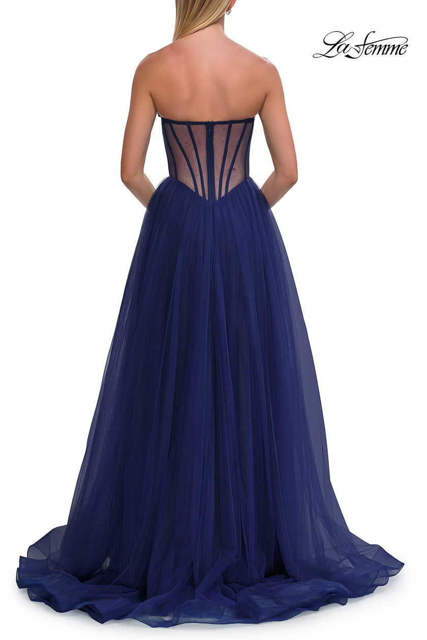 Picture of: Strapless Corset Gown with Tulle Skirt and High Slit in Marine Blue, Style: 33491, Detail Picture 12